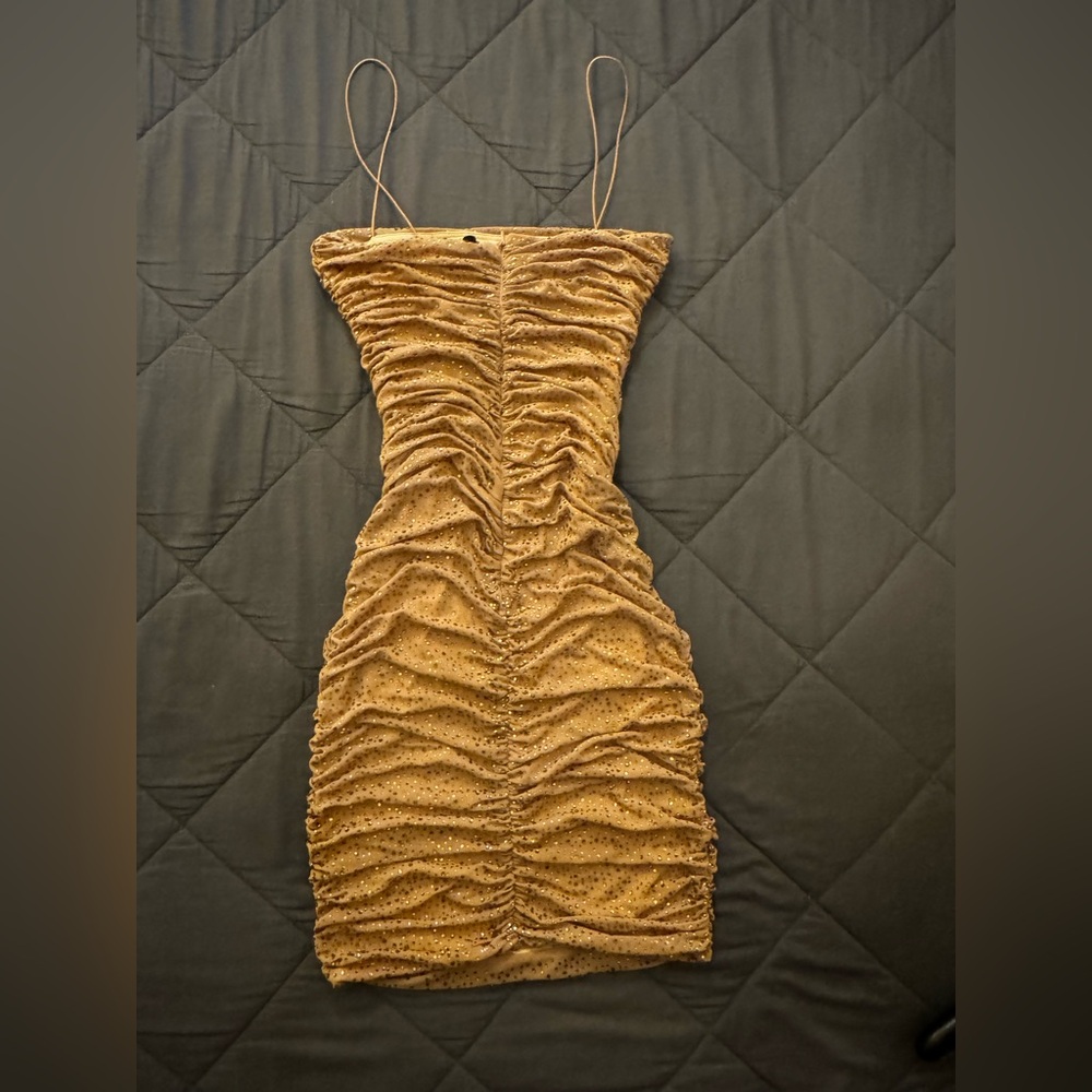 Fashion Nova Rare Diamond Rhinestone Ruched Mini Dress - Nude - Picture 4 of 13